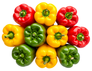 Three Colorful Bell Peppers Arranged in a Triangle, isolated on transparent background