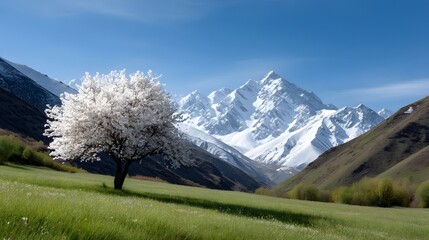 Blooming maral tree in the shadow of snowy mountain peaks