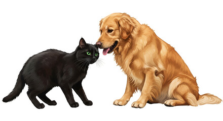 Fototapeta premium Illustration of Black Cat and Golden Retriever Dog Friendship Portrait