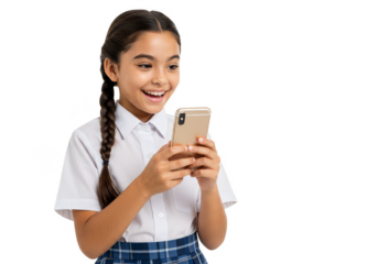 Isolated Portrait of Smiling Girl with Phone in School Uniform PNG