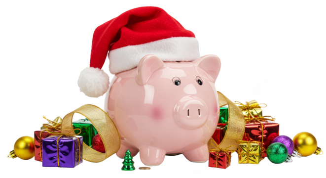 Isolated Christmas Piggy Bank with Presents in Transparent Background