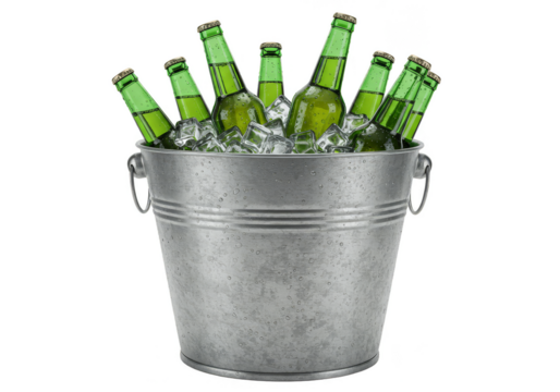Isolated Transparent Background Image Cold Beer Bottles in Ice Bucket