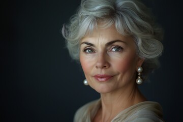 Fototapeta premium Elderly Woman Portrait with Gray Hair Showcasing Timeless Beauty and Sophistication in Soft Focus