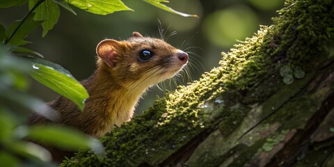 A curious squirrel peeks out from lush green moss in a vibrant forest scene
