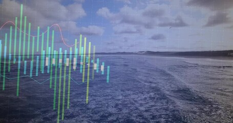 After stillness, bars expanding with candlesticks and red line over ocean, visualizing data trends - Powered by Adobe