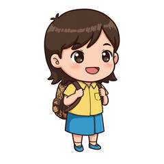 Illustration Of Cartoon Schoolgirl With Backpack Wearing Yellow Shirt