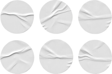Six Realistic White Round Paper Stickers with Wrinkles on a Black Background for Mockup and Design