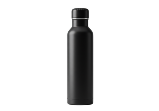 Isolated Black Matte Bottle Metal Flask on Transparent Background