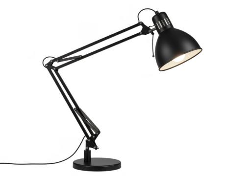 Isolated Black Metal Adjustable Desk Lamp on Transparent Background