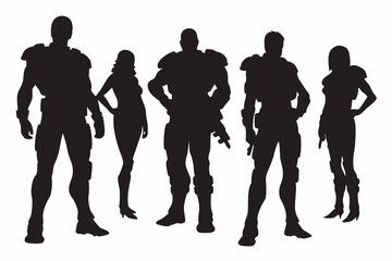 Obraz premium Silhouette illustration of five futuristic soldiers standing in a group formation together