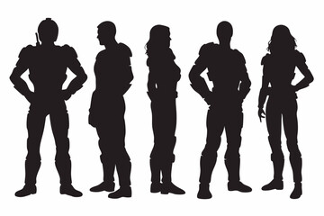 Silhouettes of five figures in futuristic armor standing in various poses on a white background