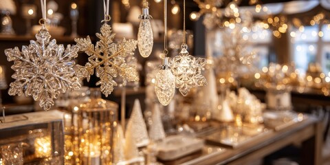 Colorful Christmas decorations hanging from the store ceiling, creating a festive holiday retail display.