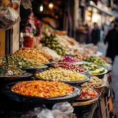 Obraz premium Food-centric cultural events, like a Ramadan iftar table with colorful dishes and also street food vendor at a summer festival with colorful dishes