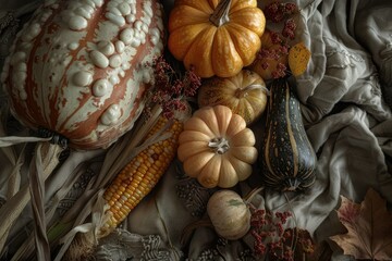 High Detail Image of Autumn Harvest Display with Pumpkins, Squash, and Corn