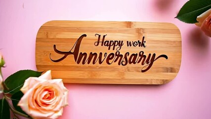 Rose and wooden plaque showing happy work anniversary celebration card