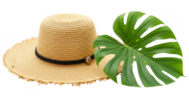 Isolated Straw Hat and Tropical Monstera Leaf Fashionable Accessory