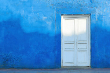A concept of new opportunities with white doors slightly ajar against a vibrant blue wall, symbolizing hope, growth, and embracing change.