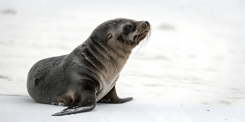Adorable sea otter resting on a snowy shoreline displays natural charm and serenity