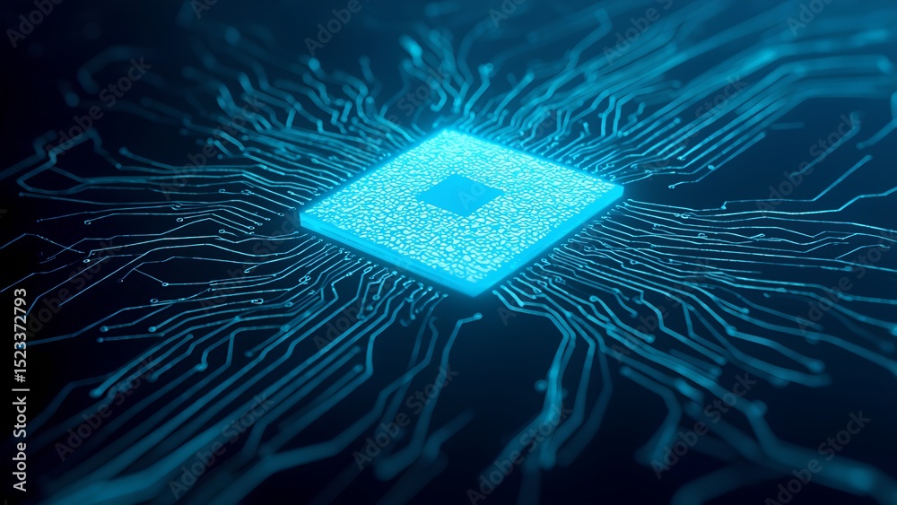 Poster exploring quantum computing digital chip innovation in technology abstract visuals futuristic enviro