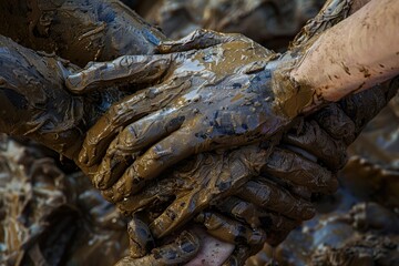 Ultra Hd Visual of United Hands Covered in Mud