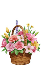 Obraz premium Illustration of Flower Bouquet in Wicker Basket with Roses and Lilies