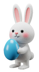 Illustration of Fluffy White Easter Bunny Holding Blue Egg Transparent
