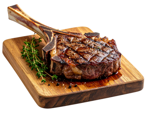 Grilled Tomahawk Steak on Rustic Wooden Board with Juices, isolated on transparent background