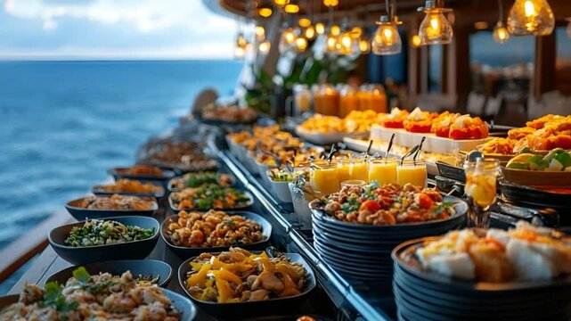 An elaborate buffet spread set aboard a ship, with the ocean in the background. The scene is filled with various delectable food items, including dishes and drinks.