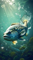 Obraz premium A beautiful Grouper fish swims in the blue ocean, a natural underwater scene of seawater animal life 004