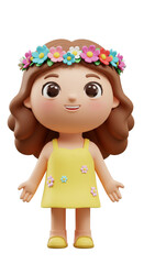 Fototapeta premium Illustration of Girl with Flower Crown and Yellow Dress 3D Render Cartoon