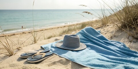 Obraz premium Serene sandy beach scene with striped sun hat blue towel and flip flops