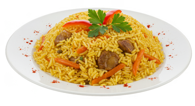 Isolated Delicious Rice Pilaf with Carrot and Meat in Transparent Background