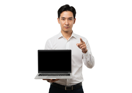 Isolated Image Of Asian Man Pointing at Laptop for Business Presentation