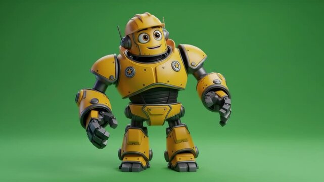 Friendly animated robot character against green background