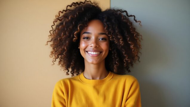 Una joven de ojos brillantes con una sonrisa c&aacute;lida y radiante y un cabello voluminoso, apretado y rizado que cae en cascada sobre sus hombros