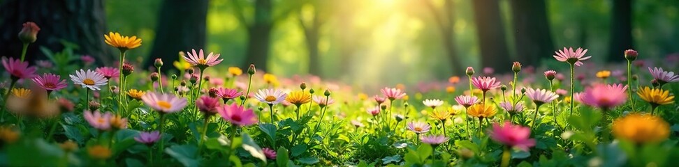 Obraz premium Vibrant wildflowers bloom in a lush forest, sunlight dappling through the leaves, creating a magical scene of natural beauty Perfect for nature, spring, and environmental themes , woodland, magical