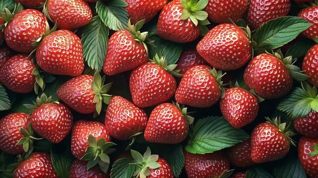 A visually striking close-up of fresh strawberries creating an enticing pattern with lush green leaves accentuating the vibrant red of the ripe fruit, perfect for food and healthy living content