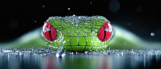 Green snake head, vibrant colors, water droplets