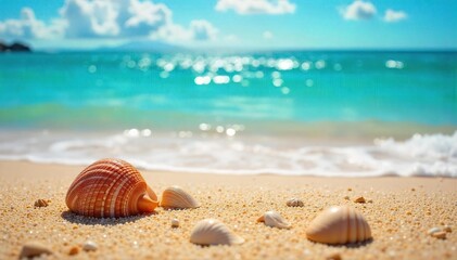 Obraz premium Sun-drenched seashore scene at summer's peak Golden sand, sparkling turquoise water, and vibrant seashells scattered along the shore Perfect for travel, vacation, and summer themes , travel, nature