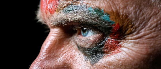 Close-up of person's eye with painted face. Expression, vivid colors, textures. Deep wrinkles and strong features