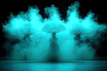 Three figures with ornate fans in a smoky, cyan atmosphere with a dark backdrop