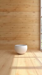 Wooden interior featuring a modern white bowl under natural sunlight from a window