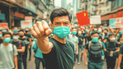 Masked protestor in focus, fist raised, amidst a blurred crowd in city streets