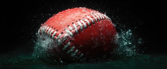 Close-up of a red ball with white stitches, splashing in dark green water on a black background