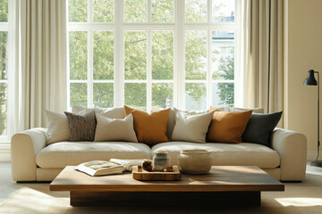 Fototapeta premium An elegant and inviting living room with a neutral-toned sofa, wooden coffee table, and natural light, creating a warm and cozy atmosphere.