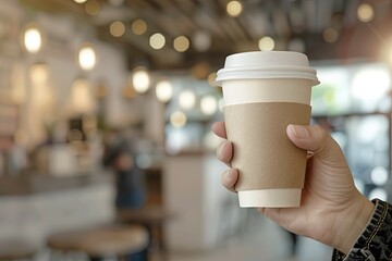 Sharp Picture of Closeup of a Hand Holding a Coffee Cup in a Caf Background