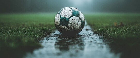 Soccer ball rests on a wet field with a white line running beneath it, reflecting in the water