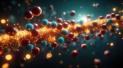 Spherical particles flow around a glittering path in an abstract, dark and bright atmosphere