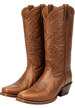 Isolated Pair of Brown Leather Cowboy Boots on Transparent Background