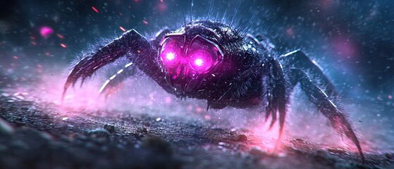 An arthropod looms with glowing eyes, emanating eerie energy